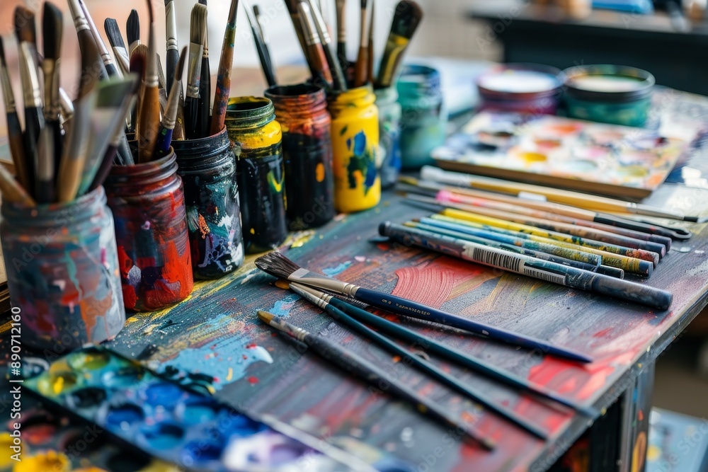 A set of colorful art supplies arranged neatly on a table, ready for a creative project A set of colorful art supplies arranged neatly on a table, ready for a creative project