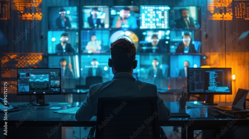 Small business team, high-speed internet, video conference, screens, devices, modern office. Small business team, high-speed internet, video conference, screens, devices, modern office.