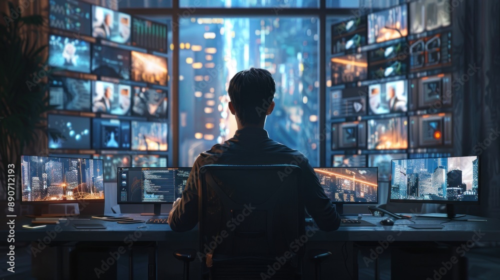 Business professional, high-speed internet, virtual meeting, multiple monitors, stylish office. Business professional, high-speed internet, virtual meeting, multiple monitors, stylish office.