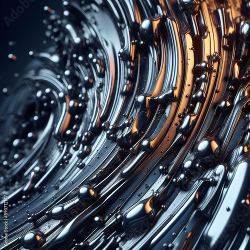 Glossy Black Droplets on Textured Liquid Surface - Abstract Viscous Flow with Reflective Round Elements Close-up View