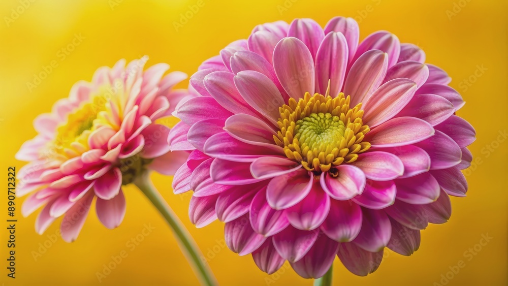 Obraz premium Pink Dahlia Bloom in Focus, Closeup, Yellow Background, Macro Photography, flower , petals , blossom