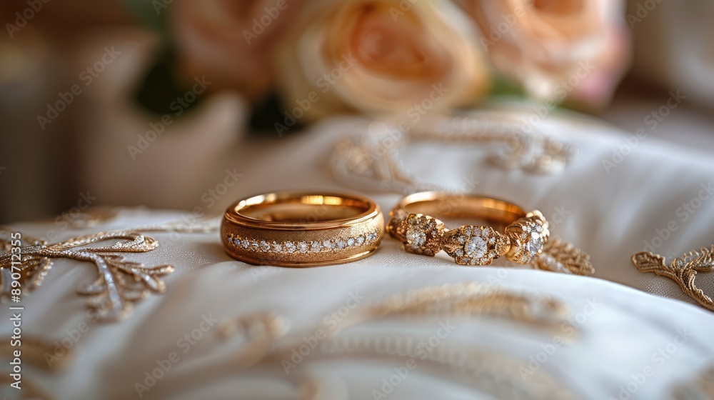 Photograph the detail of the wedding rings on a decorative pillow Photograph the detail of the wedding rings on a decorative pillow