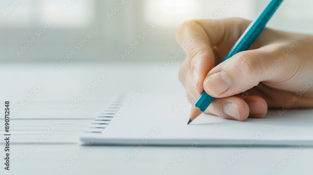 A man is writing with a yellow pencil on a piece of paper A man is writing with a yellow pencil on a piece of paper