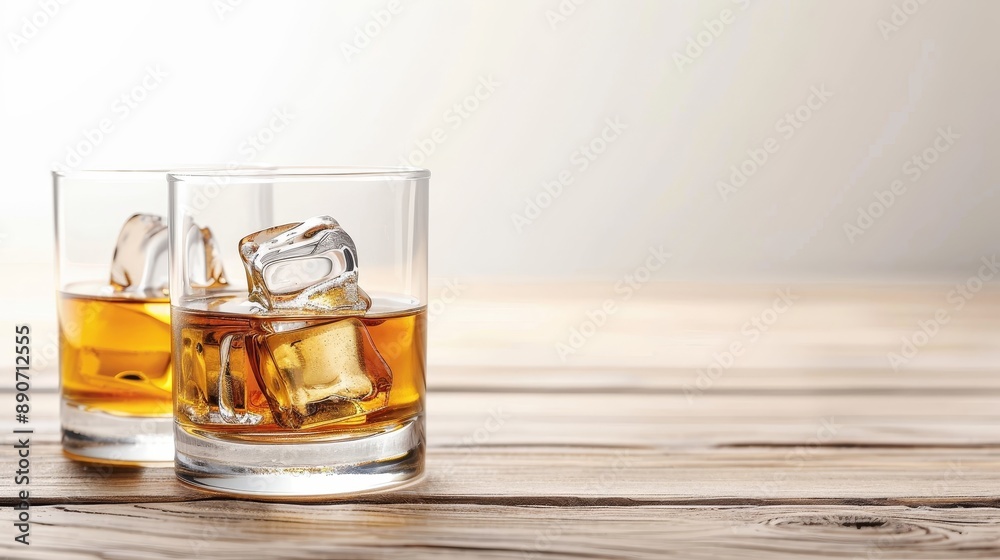 Three glasses of liquor are lined up on a wooden table Three glasses of liquor are lined up on a wooden table