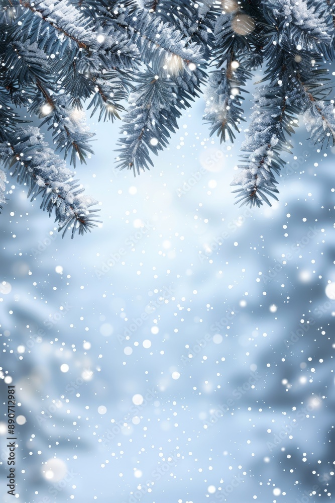 Tranquil winter landscape snowy pine branch border with copy spacevacation concept banner Tranquil winter landscape snowy pine branch border with copy spacevacation concept banner