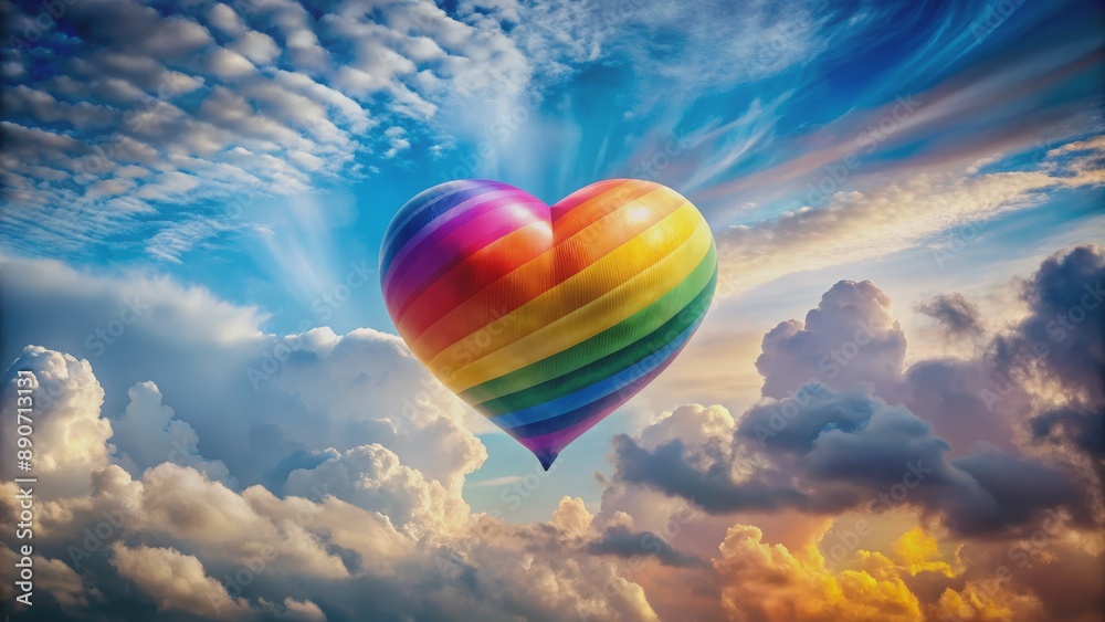 Fototapeta premium Rainbow Heart Hot Air Balloon Soaring Through Clouds, hot air balloon, rainbow heart, sky, clouds