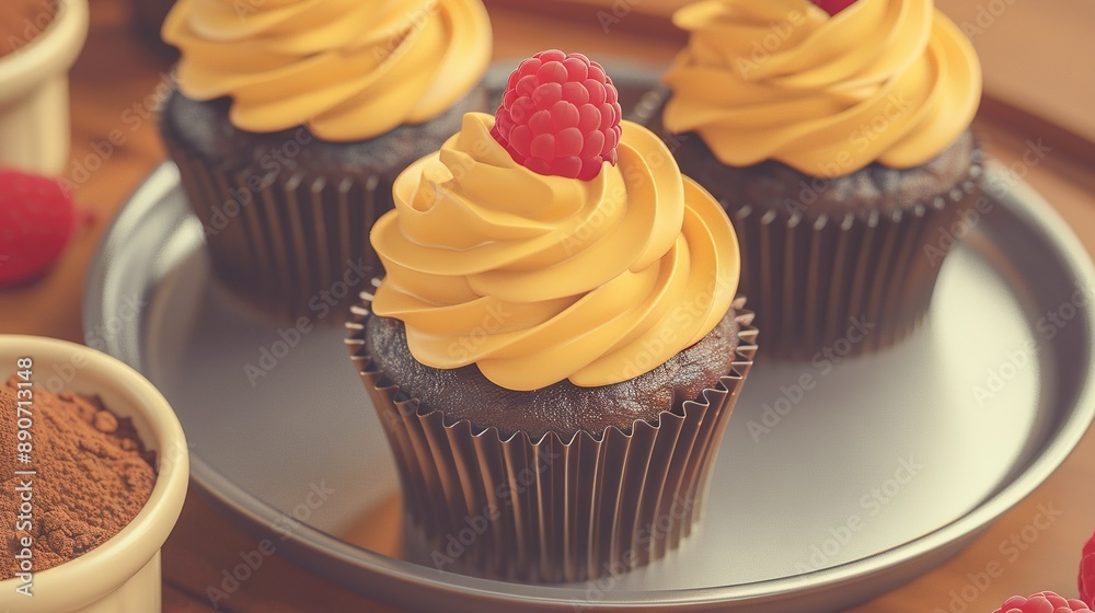 Three cupcakes with yellow frosting and raspberries on a plate; adjacent to a cup of cocoa powder and raspberries Three cupcakes with yellow frosting and raspberries on a plate; adjacent to a cup of cocoa powder and raspberries