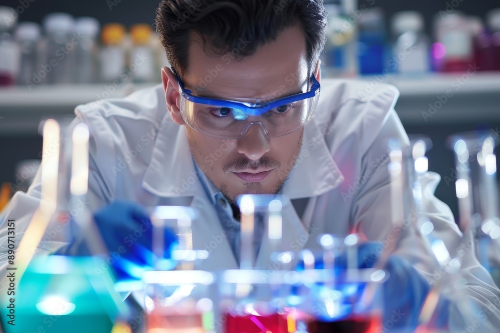 A focused scientist conducting experiments in a high-tech laboratory A focused scientist conducting experiments in a high-tech laboratory
