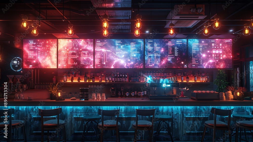 A futuristic coffee shop with holographic menus and neon seating, serving bioluminescent lattesub A futuristic coffee shop with holographic menus and neon seating, serving bioluminescent lattesub
