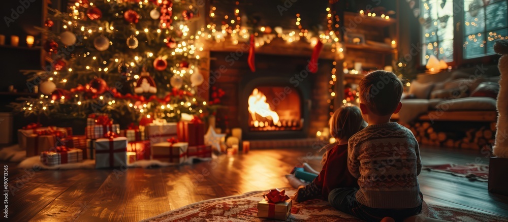Cozy Christmas Evening with Kids by the Fireplace