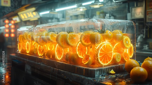 A futuristic lemonade stand with holographic drink designs and glowing citrus slices, refreshing patrons 