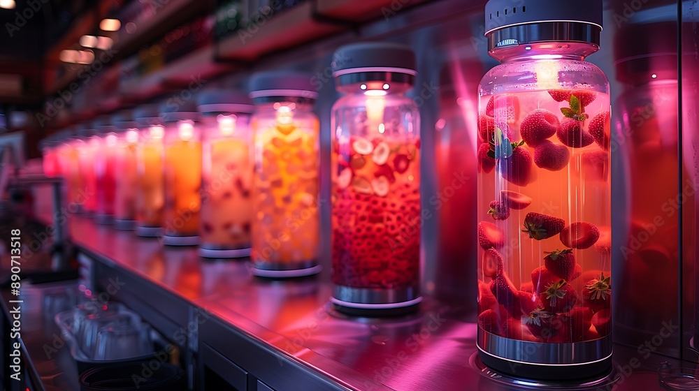 A high-tech smoothie stand with robotic mixers and glowing cups, delivering health in a glass A high-tech smoothie stand with robotic mixers and glowing cups, delivering health in a glass