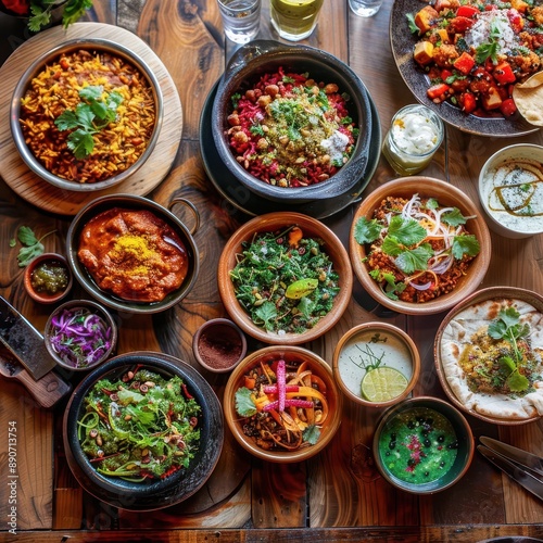 vibrant indian feast on rustic wooden table aromatic dishes in colorful ceramic bowls warm ambient lighting inviting atmosphere © furyon