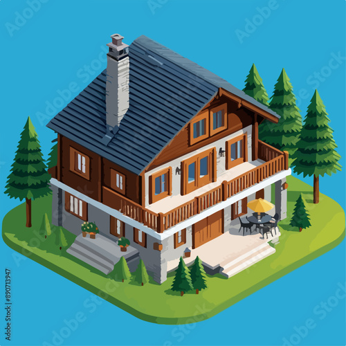 Isometric Mountain House Vector Illustration