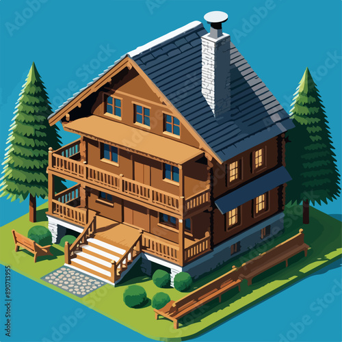 Scenic Isometric Cabin in the Mountains