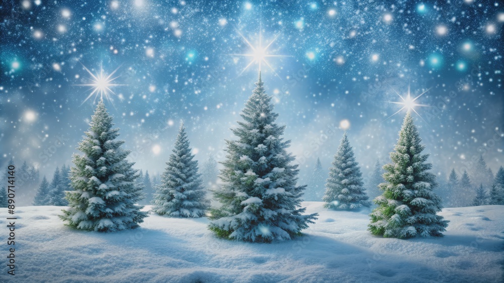 Snowy Forest Glade with Glowing Stars, Digital Art, Winter Landscape, Pine Trees, Snowfall, Christmas, Holiday Snowy Forest Glade with Glowing Stars, Digital Art, Winter Landscape, Pine Trees, Snowfall, Christmas, Holiday