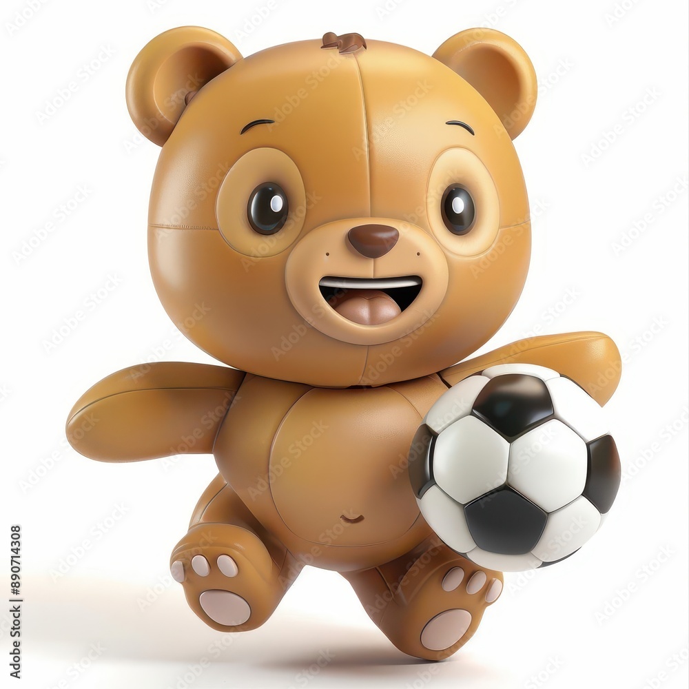 The Clipart of A cheerful 3D kawaii bear playing soccer on a white background, with a joyful expression, holding the soccer ball in its paws