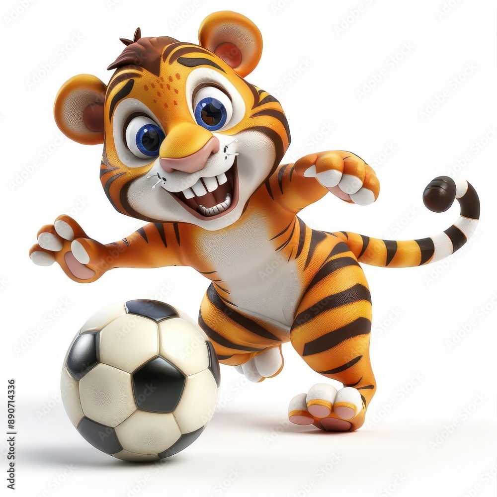 The Clipart of A cheerful 3D kawaii tiger playing soccer on a white background, with a joyful grin, pouncing on the soccer ball The Clipart of A cheerful 3D kawaii tiger playing soccer on a white background, with a joyful grin, pouncing on the soccer ball