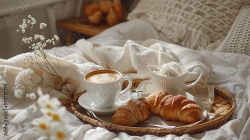 A cozy breakfast in bed setup with coffee and pastries