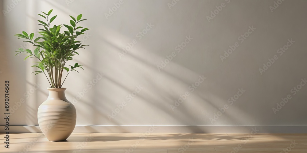 Sunlight Illuminating a Plant in a Vase Against a White Wall, Interior Design, Minimalist Home Decor, White Wall, Light, Plant, Vase Sunlight Illuminating a Plant in a Vase Against a White Wall, Interior Design, Minimalist Home Decor, White Wall, Light, Plant, Vase