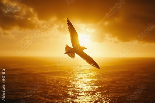 A bird is flying over the ocean at sunset