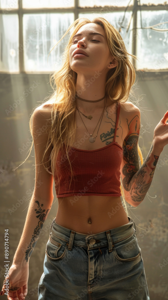 Young woman with tattoos in sunlight wearing casual clothes Young woman with tattoos in sunlight wearing casual clothes