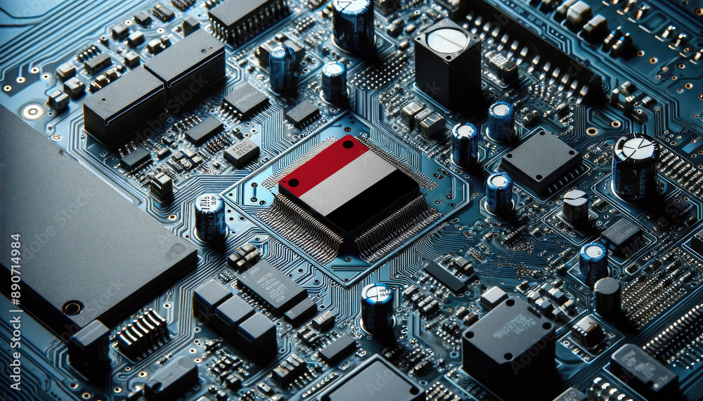 An intricate microchip with the Yemen flag embedded, representing the innovation and technological advancements of the Yemen in the field of electronics and microtechnology An intricate microchip with the Yemen flag embedded, representing the innovation and technological advancements of the Yemen in the field of electronics and microtechnology