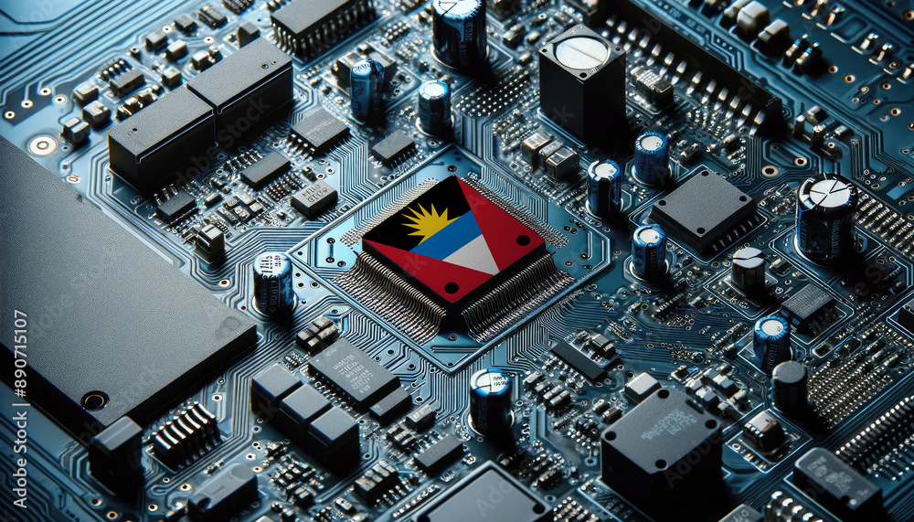 An intricate microchip with the Antigua and Barbuda flag embedded, representing the innovation and technological advancements of the Antigua and Barbuda in the field of electronics and microtechnology An intricate microchip with the Antigua and Barbuda flag embedded, representing the innovation and technological advancements of the Antigua and Barbuda in the field of electronics and microtechnology