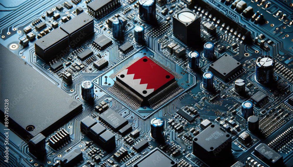 An intricate microchip with the Bahrain flag embedded, representing the innovation and technological advancements of the Bahrain in the field of electronics and microtechnology An intricate microchip with the Bahrain flag embedded, representing the innovation and technological advancements of the Bahrain in the field of electronics and microtechnology