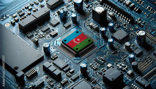 An intricate microchip with the Azerbaijan flag embedded, representing the innovation and technological advancements of the Azerbaijan in the field of electronics and microtechnology