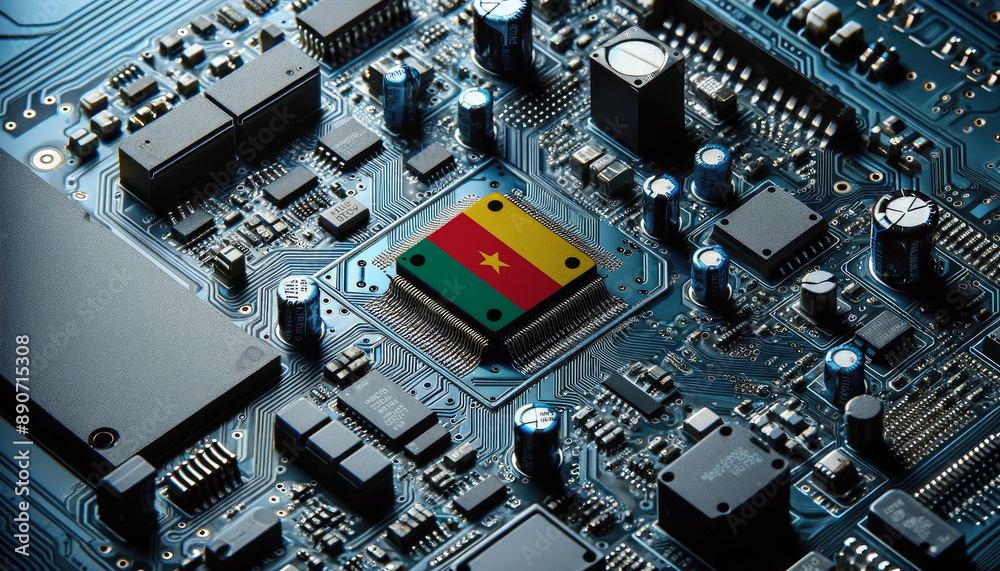 An intricate microchip with the Cameroon flag embedded, representing the innovation and technological advancements of the Cameroon in the field of electronics and microtechnology An intricate microchip with the Cameroon flag embedded, representing the innovation and technological advancements of the Cameroon in the field of electronics and microtechnology