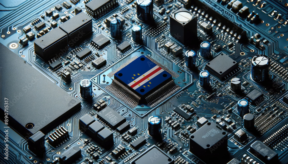 An intricate microchip with the Cape Verde flag embedded, representing the innovation and technological advancements of the Cape Verde in the field of electronics and microtechnology An intricate microchip with the Cape Verde flag embedded, representing the innovation and technological advancements of the Cape Verde in the field of electronics and microtechnology