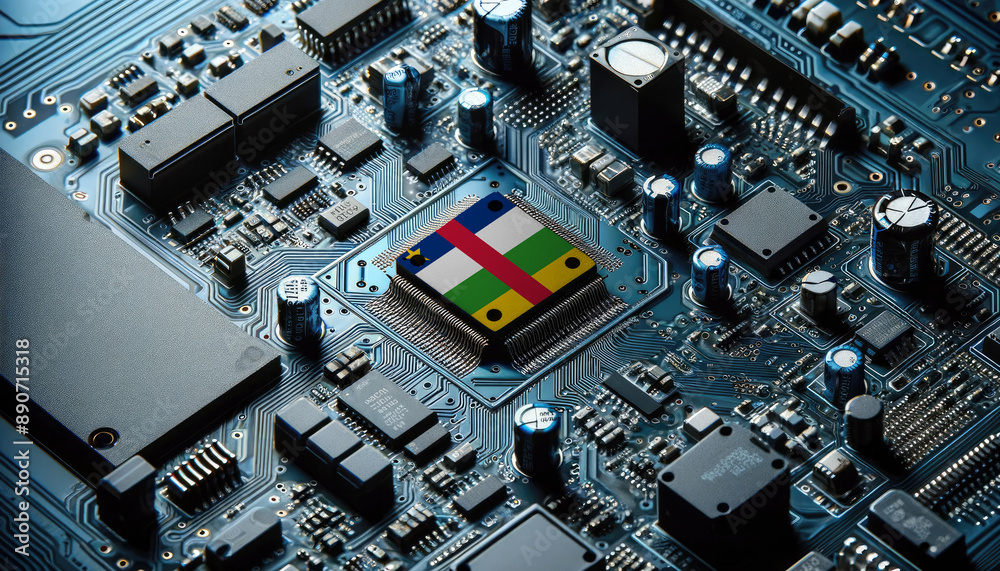 An intricate microchip with the CAR flag embedded, representing the innovation and technological advancements of the Central African Republic in the field of electronics and microtechnology