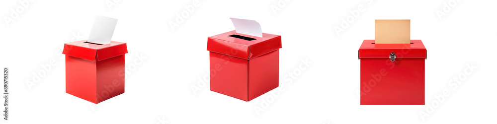 Set of Red ballot box with voting paper isolated on transparent background