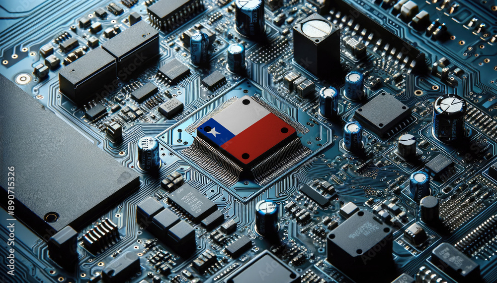 An intricate microchip with the Chile flag embedded, representing the innovation and technological advancements of the Chile in the field of electronics and microtechnology An intricate microchip with the Chile flag embedded, representing the innovation and technological advancements of the Chile in the field of electronics and microtechnology