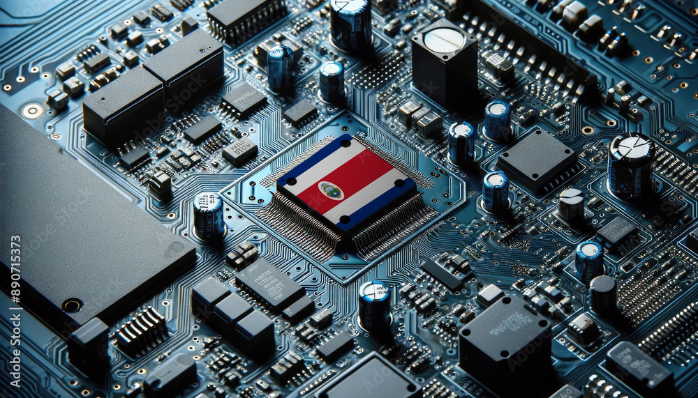 An intricate microchip with the Costa Rica flag embedded, representing the innovation and technological advancements of the Costa Rica in the field of electronics and microtechnology An intricate microchip with the Costa Rica flag embedded, representing the innovation and technological advancements of the Costa Rica in the field of electronics and microtechnology