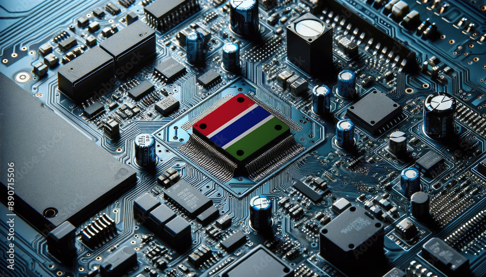An intricate microchip with the Gambia flag embedded, representing the innovation and technological advancements of the Gambia in the field of electronics and microtechnology An intricate microchip with the Gambia flag embedded, representing the innovation and technological advancements of the Gambia in the field of electronics and microtechnology