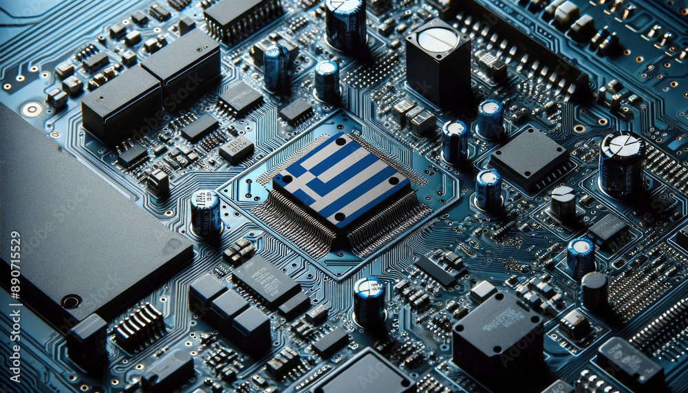 An intricate microchip with the Greece flag embedded, representing the innovation and technological advancements of the Greece in the field of electronics and microtechnology An intricate microchip with the Greece flag embedded, representing the innovation and technological advancements of the Greece in the field of electronics and microtechnology