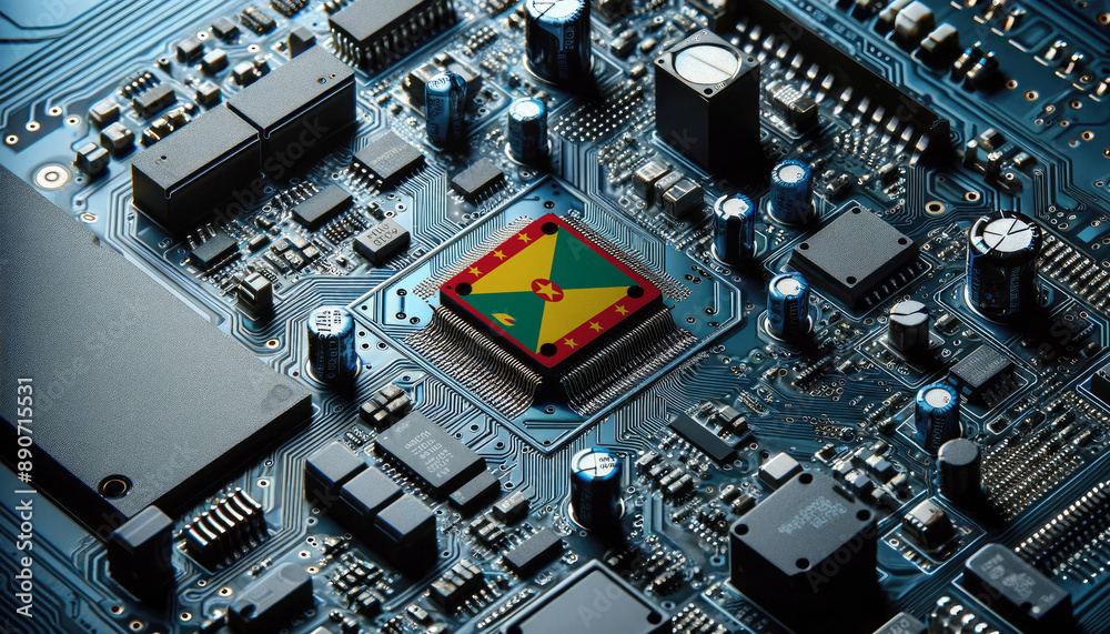 An intricate microchip with the Grenada flag embedded, representing the innovation and technological advancements of the Grenada in the field of electronics and microtechnology An intricate microchip with the Grenada flag embedded, representing the innovation and technological advancements of the Grenada in the field of electronics and microtechnology