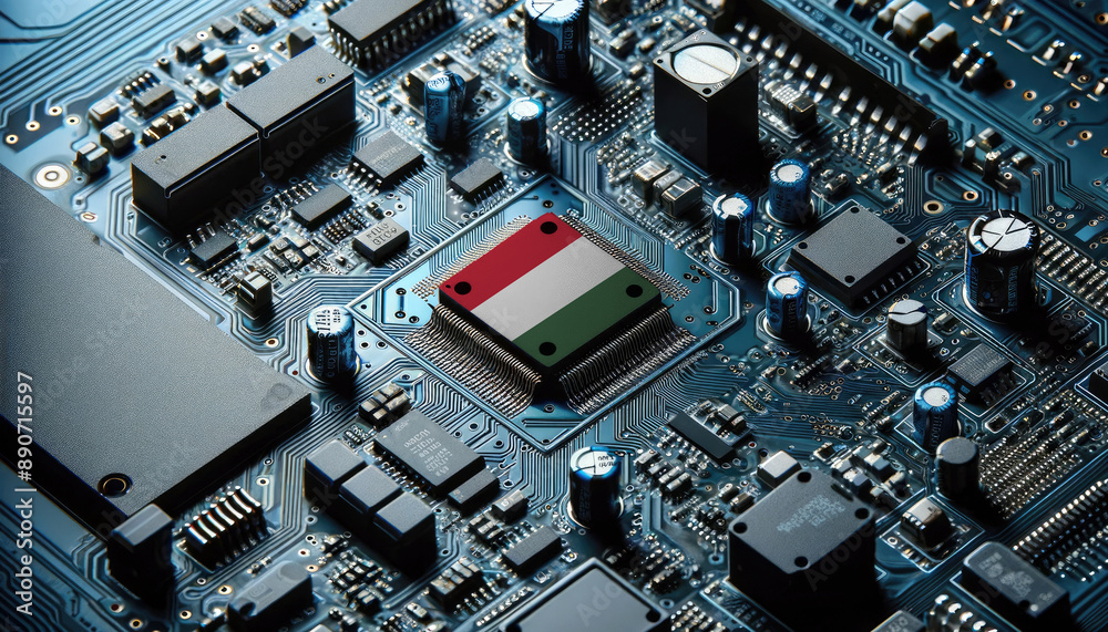 An intricate microchip with the Hungary flag embedded, representing the innovation and technological advancements of the Hungary in the field of electronics and microtechnology An intricate microchip with the Hungary flag embedded, representing the innovation and technological advancements of the Hungary in the field of electronics and microtechnology
