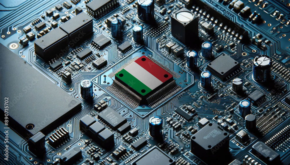 An intricate microchip with the Italy flag embedded, representing the innovation and technological advancements of the Italy in the field of electronics and microtechnology An intricate microchip with the Italy flag embedded, representing the innovation and technological advancements of the Italy in the field of electronics and microtechnology