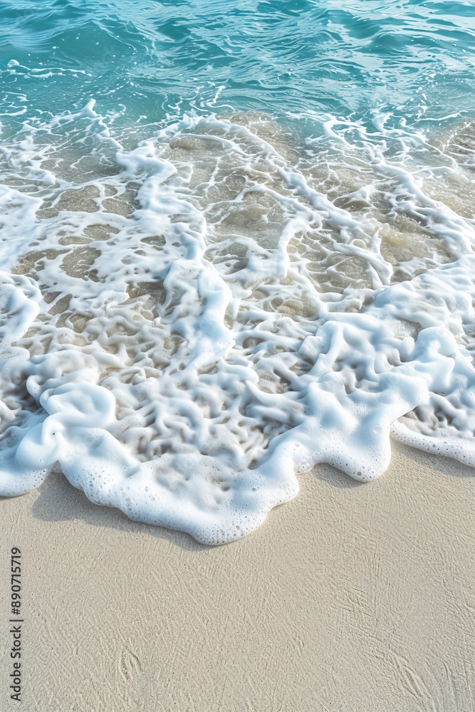 Serene close up  gentle ocean waves softly caressing the sandy beach in an intimate view