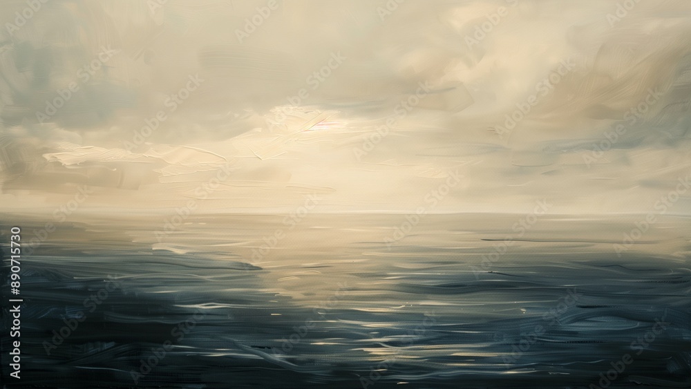 Fototapeta premium Oil Painting of a Calm Ocean Under a Cloudy Beige Sky