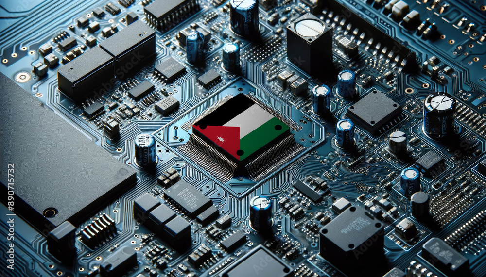 An intricate microchip with the Jordan flag embedded, representing the innovation and technological advancements of the Jordan in the field of electronics and microtechnology An intricate microchip with the Jordan flag embedded, representing the innovation and technological advancements of the Jordan in the field of electronics and microtechnology