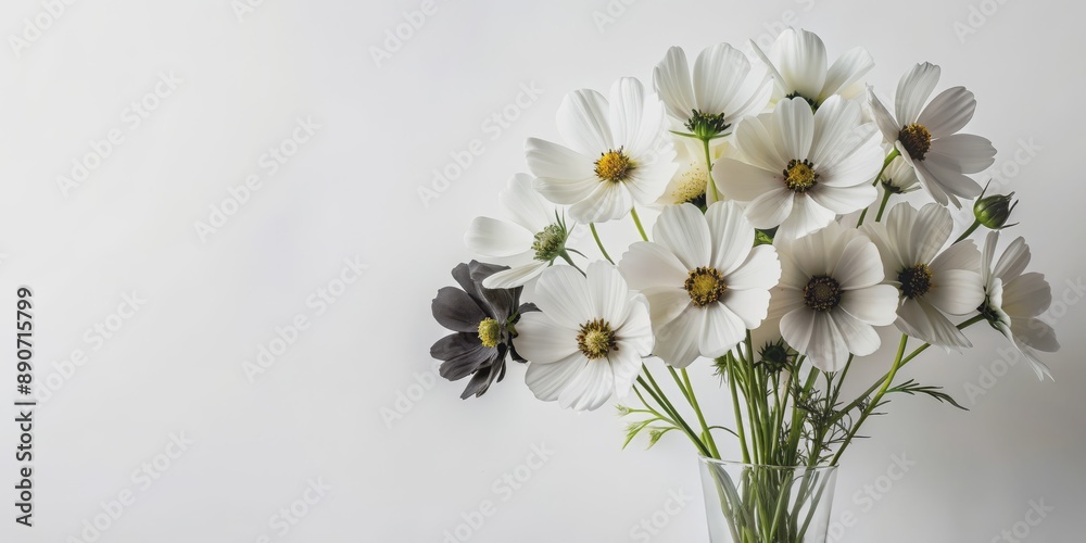 Fototapeta premium White Cosmos Bouquet in Vase Against a White Background, Flowers, White, Minimalism, Floral Arrangement