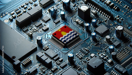 An intricate microchip with the Kiribati flag embedded, representing the innovation and technological advancements of the Kiribati in the field of electronics and microtechnology