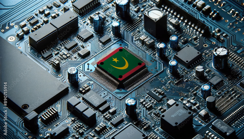 An intricate microchip with the Mauritania flag embedded, representing the innovation and technological advancements of the Mauritania in the field of electronics and microtechnology An intricate microchip with the Mauritania flag embedded, representing the innovation and technological advancements of the Mauritania in the field of electronics and microtechnology