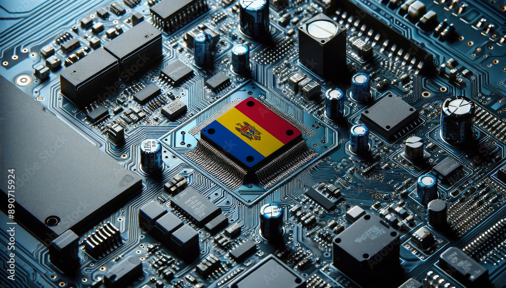 An intricate microchip with the Moldova flag embedded, representing the innovation and technological advancements of the Moldova in the field of electronics and microtechnology An intricate microchip with the Moldova flag embedded, representing the innovation and technological advancements of the Moldova in the field of electronics and microtechnology