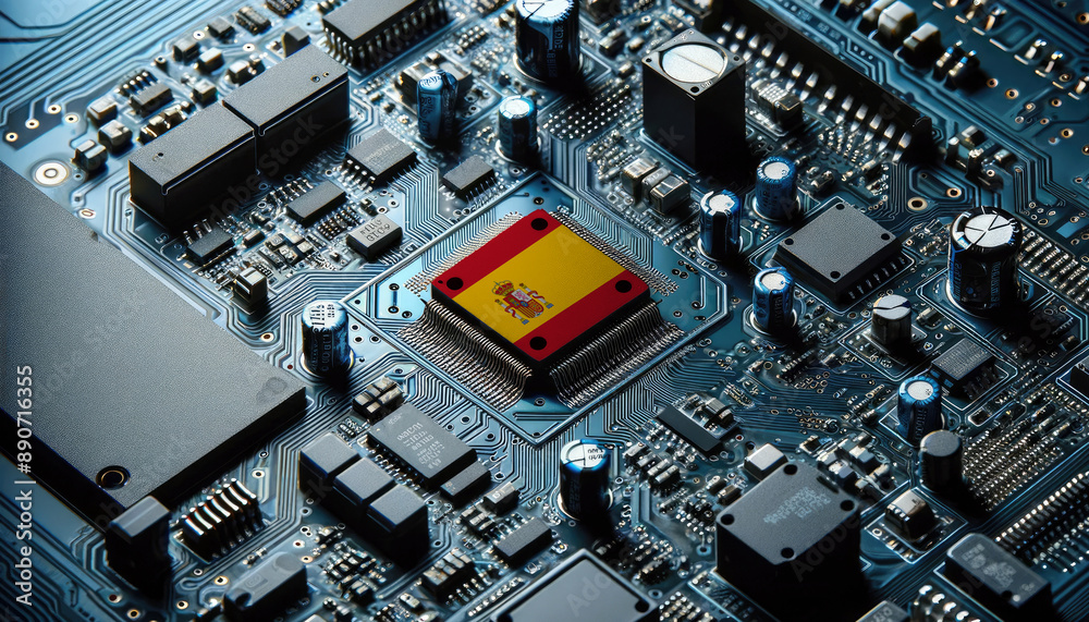 An intricate microchip with the Spain flag embedded, representing the innovation and technological advancements of the Spain in the field of electronics and microtechnology An intricate microchip with the Spain flag embedded, representing the innovation and technological advancements of the Spain in the field of electronics and microtechnology