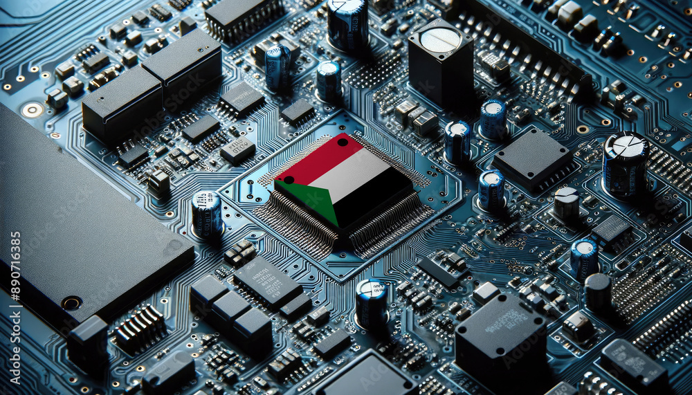 An intricate microchip with the Sudan flag embedded, representing the innovation and technological advancements of the Sudan in the field of electronics and microtechnology An intricate microchip with the Sudan flag embedded, representing the innovation and technological advancements of the Sudan in the field of electronics and microtechnology